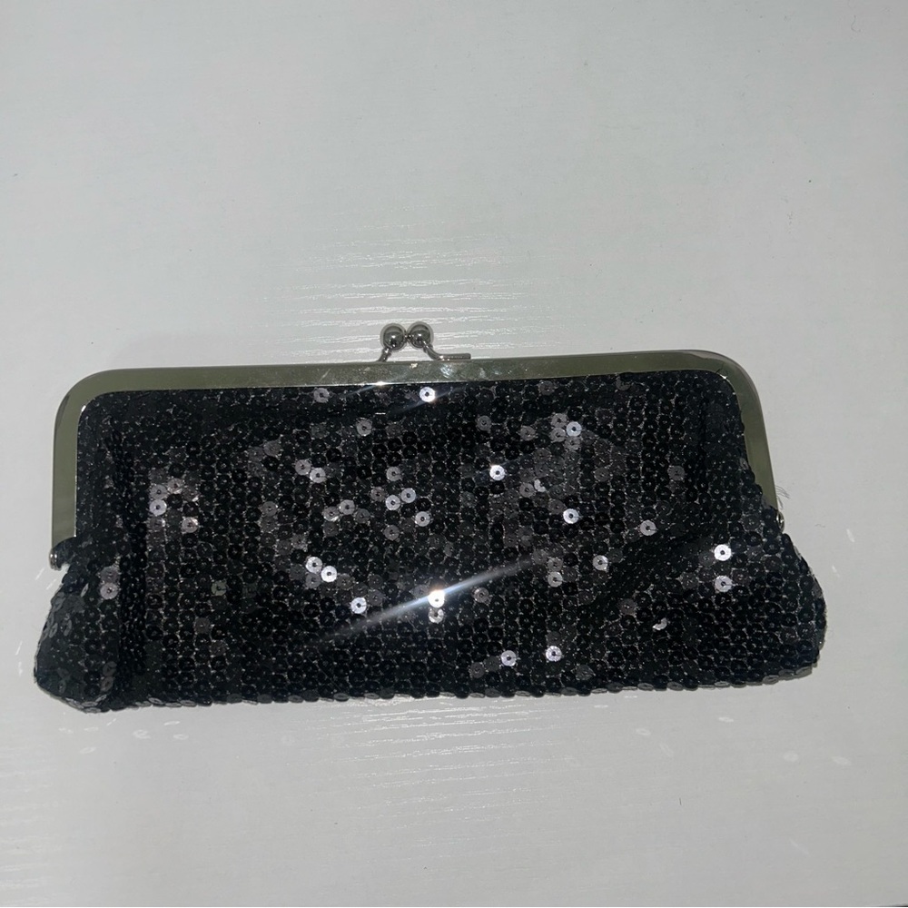Ann Taylor LOFT | Glamorous Black Sequin Evening Clutch with Chain